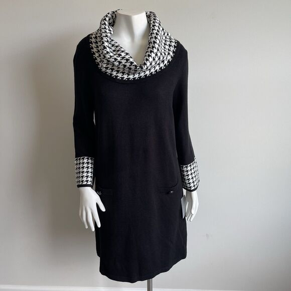 Eliza J Cowl Neck Sweater Dress Sz Large Black Houndstooth Modest Cocktail Party - Picture 2 of 15